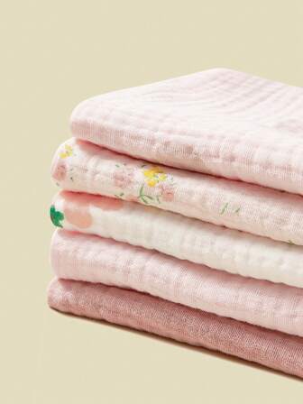 5pcs Baby Bibs, 100% Cotton Comfortable Square Towel Saliva Towel Multipurpose Breathable Flower Pattern