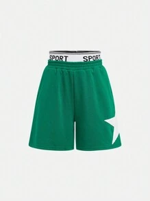 Shorts casuales deportivos para primavera/verano para niñas preadolescentes, tejidos de cintura con estampado de estrellas y bloques de color