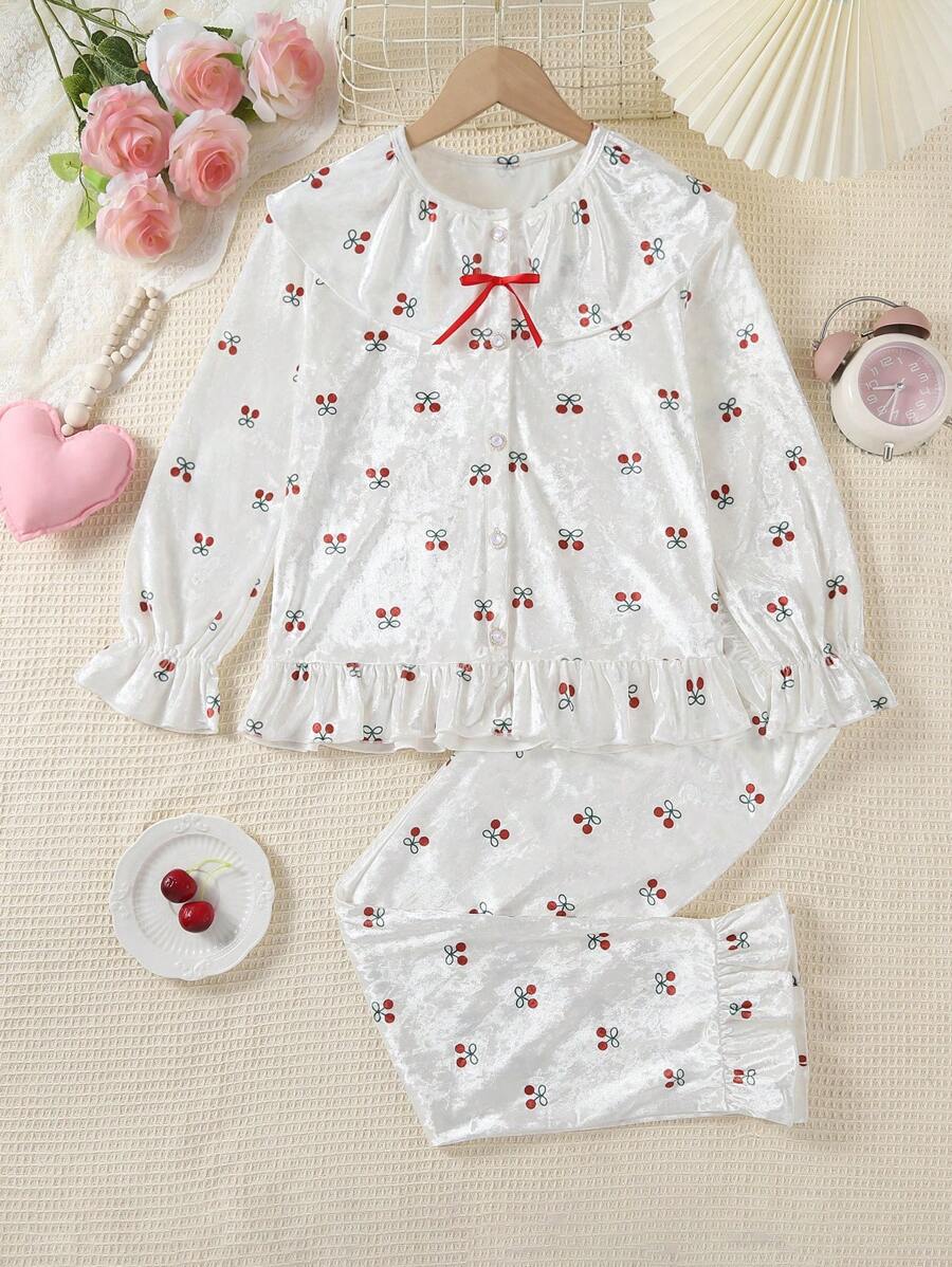 女童樱花荷叶边印花 2 件套家居服套装、长袖运动衫和裤子秋冬 - 白色 - 查看 1