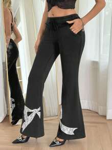 SHEIN ICON Low Rise Lace Butterfly Embroidery Long Pants - Grey - View 4