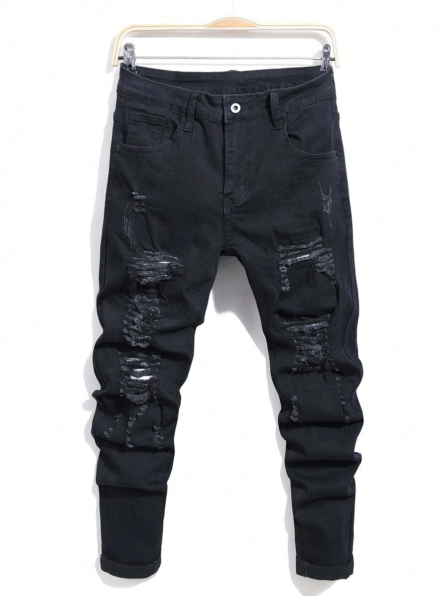 Manfinity Homme Men Ripped Frayed Skinny Jeans - Black - View 1