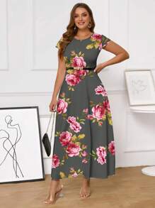 SHEIN Clasi Vestido de mujer de talla grande, largo, ajustado, con cintura fruncida y estampado de flores