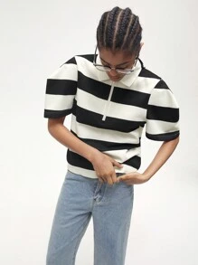 Maija 黑白条纹设计 Polo 领衬衫，百搭休闲时尚服饰，适合春季、夏季、初秋、七月独立日、毕业季，舒适的针织面料，黑色和米色 - 黑與白 - 查看 5