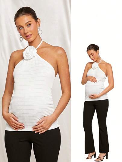 SHEIN 孕婦女士城市假日泳灘裝白色夏日無袖上衣和背心，性別揭示服