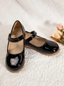 Sepatu Mary Jane Model Putri Warna Polos Modis dengan Gesper & Perekat Velcro, Sepatu Datar untuk Anak Perempuan - Hitam - View 3