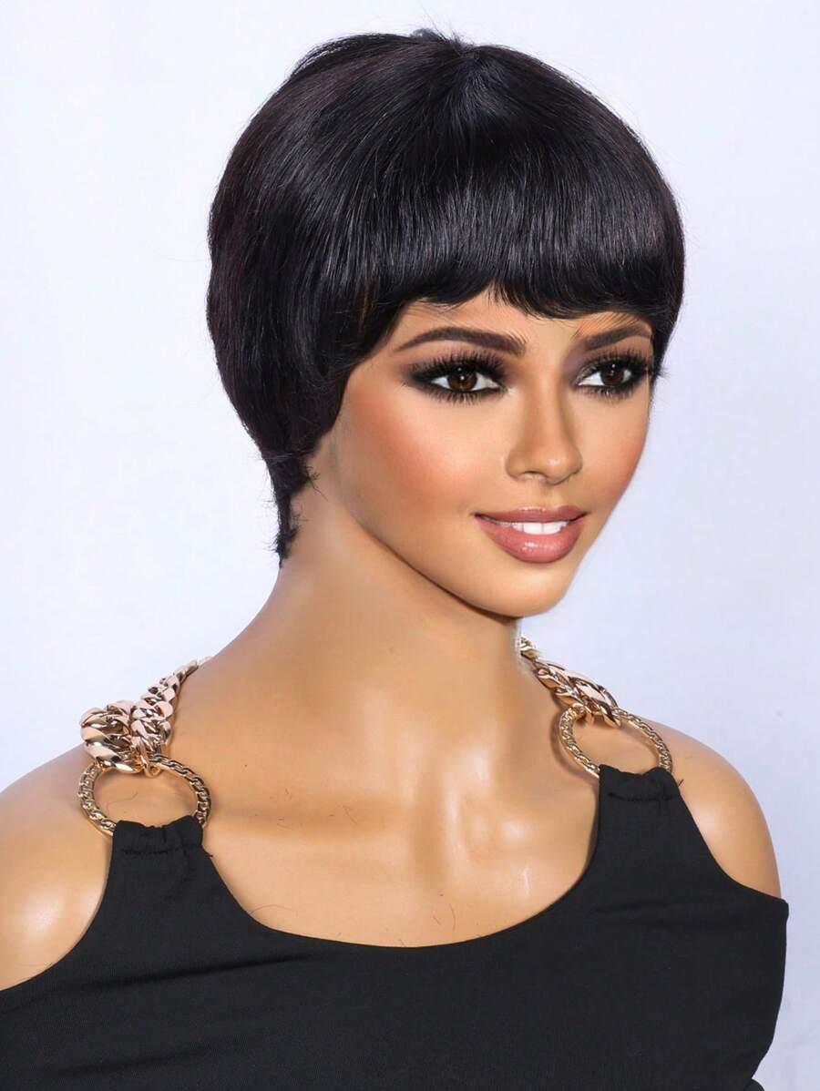 Machine Made Short Straight Pixie Cut Wig Wear Go Glueless Straight