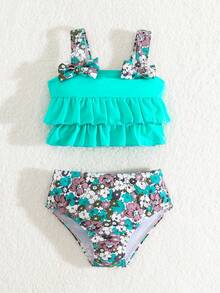 女婴蝴蝶结装饰荷叶边蕾丝纯色上衣和全身印花下装套装 - 彩色 - 查看 6