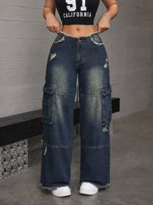 SHEIN ICON Jeans de carga laterales con bolsillo de solapa rasgado - Azul - Ver 3