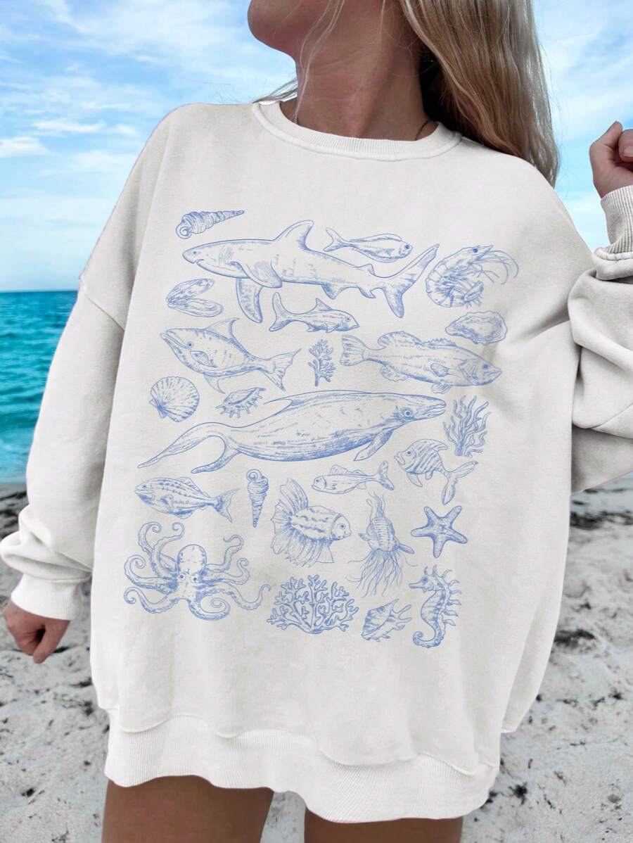 SHEIN CURVE+ Casual Simple Pattern Round Neck Loose Plus Size Long Sleeve Sweatshirt, Autumn/Winter