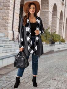 EMERY ROSE Women's Plus Size Geometric Printed Long Sleeve Splice Dark Grey Cardigan, Spring And Autumn - Dark Grey - View 4