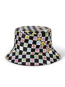 themindfulbutterflyy Nghệ sĩ phong cách đường phố Checkerboard Mẫu khuôn mặt cười Mũ xô có thể đảo ngược dành cho nam giới - Nhiều màu - Xem 2