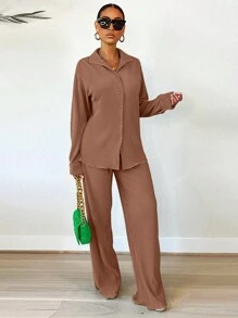 2pcs Women's Fashionable Puff Sleeve Blouse And Comfortable Wide Leg Pants Leisure Outfit