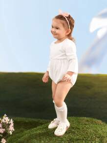 SHEIN Infant Girls' White Embroidered Lace Trim Bodysuit, Fall/Winter - White - View 5