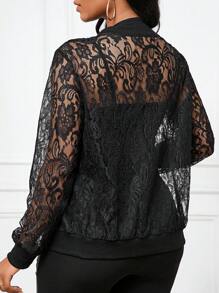 SHEIN Lady Women's Black Thin Lace Baseball Jacket Coat In Fall/Winter - Black - View 3