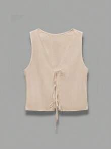 SHEIN EZwear Blusa sin mangas sólida con nudo frontal - Albaricoque - Ver 5