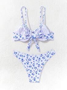 Swim Mod Ladies' Summer Beach Ditsy Floral Front Tie Sexy Bikini Set, 2 Pieces - Blue and White - View 8