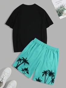 Manfinity RSRT Conjunto de 2 piezas para hombres de talla grande: camiseta de cuello redondo de manga corta con gráfico de letras y pantalones cortos tropicales con cordón, adecuado para vacaciones y playa