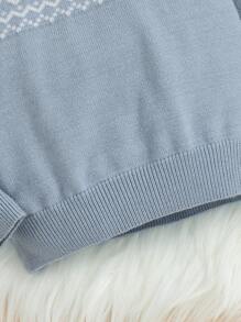 SHEIN 男婴蓝色柔软舒适彩色菱格圆领毛衣，带有民族图案和福克兰格纹，休闲学院风，适合圣诞节 - 霧霾藍 - 查看 3