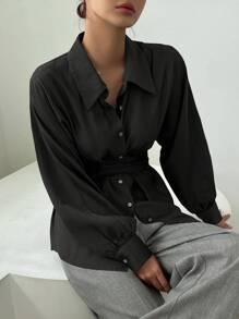 DAZY Áo sơ mi nữ tay dài màu trơn, thắt eo, cài nút đơn giản, trang phục công sở cho mùa thu, quần áo nữ mùa thu - màu đen - Xem 5