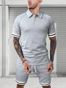 Manfinity Homme Conjunto Simples de Camiseta de Manga Curta e Shorts Masculinos Para o Uso Diário - Cinza Claro - Visão 1