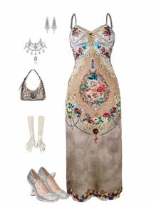 SHEIN Teen Girl PUNK Floral Print Split Thigh Cami Dress Without Gloves - Apricot - View 3