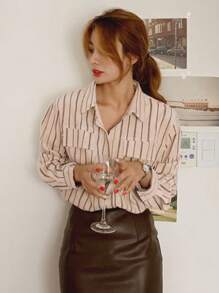 DAZY Striped Print Drop Shoulder Shirt,Fall Clothes Long Sleeve Top - Apricot - View 9