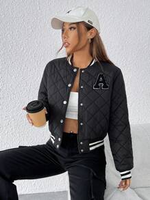 SHEIN PETITE 字母貼布條紋修飾拼接棉夾克運動外套 - 黑色 - 查看 5