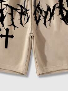 ROMWE MEN Goth 男士和字母印花抽绳腰夏季短裤，学校 - 卡其色 - 查看 4