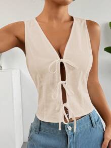 SHEIN EZwear Blusa sin mangas sólida con nudo frontal - Albaricoque - Ver 3