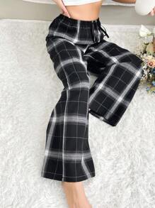 Plaid Print Tie Waist Lounge Cozy Pants, For Fall - Black - View 4