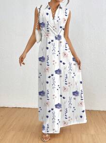SHEIN Clasi 女士休闲花卉印花口袋背心裙 - 紫色 - 查看 7