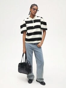 Maija 黑白条纹设计 Polo 领衬衫，百搭休闲时尚服饰，适合春季、夏季、初秋、七月独立日、毕业季，舒适的针织面料，黑色和米色 - 黑與白 - 查看 10