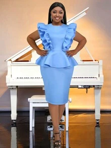 Plus Ruffle Trim Peplum Waist Dress - Blue - View 4