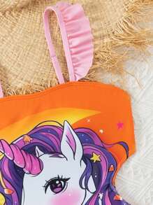 Tween Girl's Cartoon Printed One-Piece Swimsuit With Spaghetti Straps, Ruffle Detailing And Open Back - Multicolor - View 4