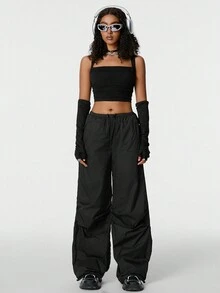 Muchica Bộ áo không tay dạo phố màu đen có nếp gấp phía trước & Bộ quần có dây rút - màu đen - Xem 4