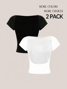 SHEIN Tall 2pcs Short Sleeve Round Neck Crop Top For Women, Summer, Slim Fit - Black and White - View 1