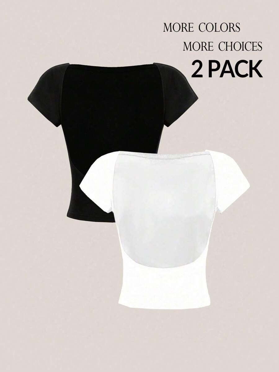 SHEIN Tall 2pcs Short Sleeve Round Neck Crop Top For Women, Summer, Slim Fit - Black and White - View 1