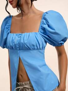 Forever 21 夏季、秋季和冬季女士蓝色可爱/学院风/基本款/紧身/外出/娃娃装/返校/合身/休闲风格衬衫/泡泡袖上衣 - 藍色 - 查看 7