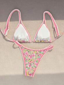 Swim Mod Set Bikini Wanita Musim Panas Motif Bunga dengan Tali untuk Liburan di Pantai - MultiWarna - View 4