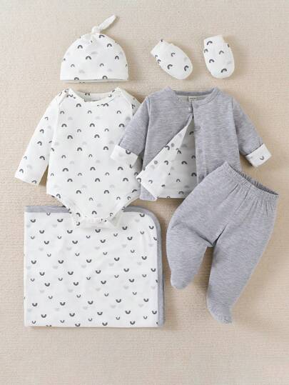 SHEIN Baby Boys' Simple White Rainbow Printed Long Sleeve Romper And Pants, With Hat, Gloves, Blanket, Multi-Piece Gift Set