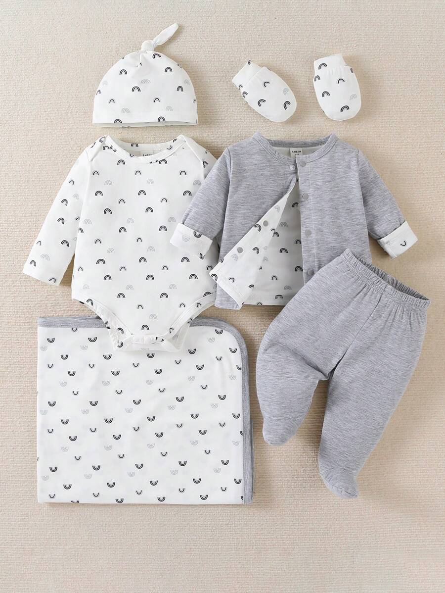 SHEIN 嬰兒男童簡約白色彩虹印花長袖連體褲套裝，附帽子、手套、毛毯，多件禮品組合 - 彩色 - 查看 1