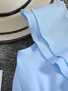 SHEIN Mono con cuello asimétrico y recorte de volantes para niña joven - Azul - Ver 5