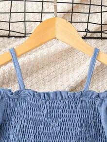 SHEIN 年轻女孩新款春秋 2024 时尚牛仔效果彩色简约通勤舒适褶皱系带连体裤 - 藍色 - 查看 5