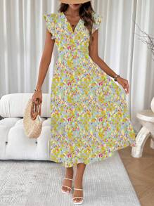 SHEIN LUNE V-Neck Allover Print Dress With Full Hem Ruffles (Random Cutting Print) - Baby Blue - View 1