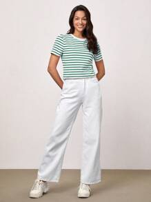 SHEIN BASICS 春夏款休閒條紋印花T恤 - 綠色 - 查看 4