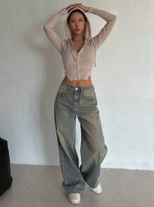 DAZY 斜口袋阔腿牛仔裤、宽松牛仔裤 - 淺色水洗藍 - 查看 6