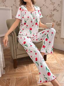 Conjunto de pijama con estampado de mujer, estilo princesa, con volantes de encaje y mangas cortas, conjunto blanco - Blanco - Ver 6