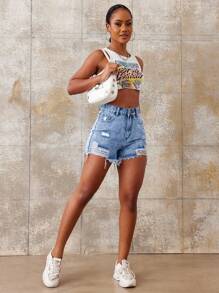 SHEIN Tall Ripped Raw Hem Denim Shorts - Medium Wash - View 6