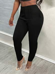 SHEIN PETITE CURVE Plus Size Petit 2024 New Simple Solid Color Bodycon Toothpick Pleated High Waist Work Cropped Pants For Women - Black - View 4