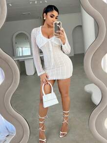SHEIN SXY Conjunto de vestido elegante de encaje sexy con cárdigan 2 piezas - Blanco - Ver 1